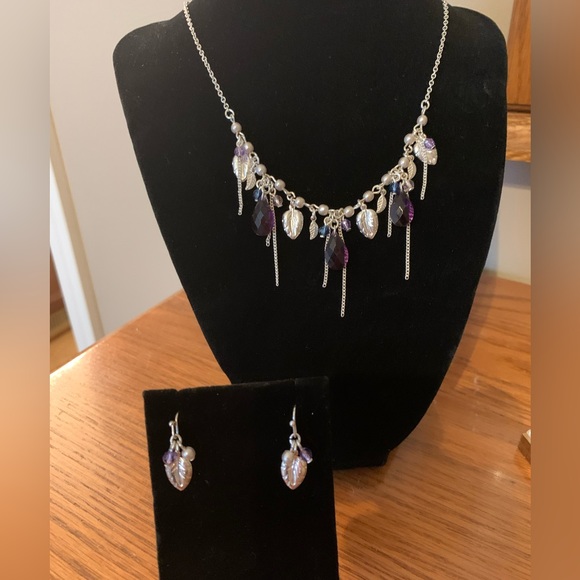 Feather Beaded Earrings & Necklace Set, NWOT, Never Worn, Purple and Silver - Picture 1 of 15